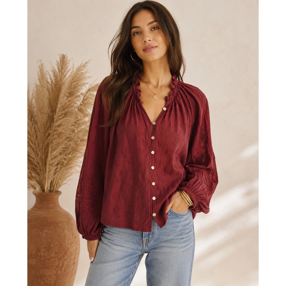 Cleobella Textured Peasant Ruffle Neck Boho Button Front Balloon Sleeve Top XS